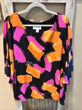 Abstract Brushstroke Women’s Top in Black with Pink & Orange